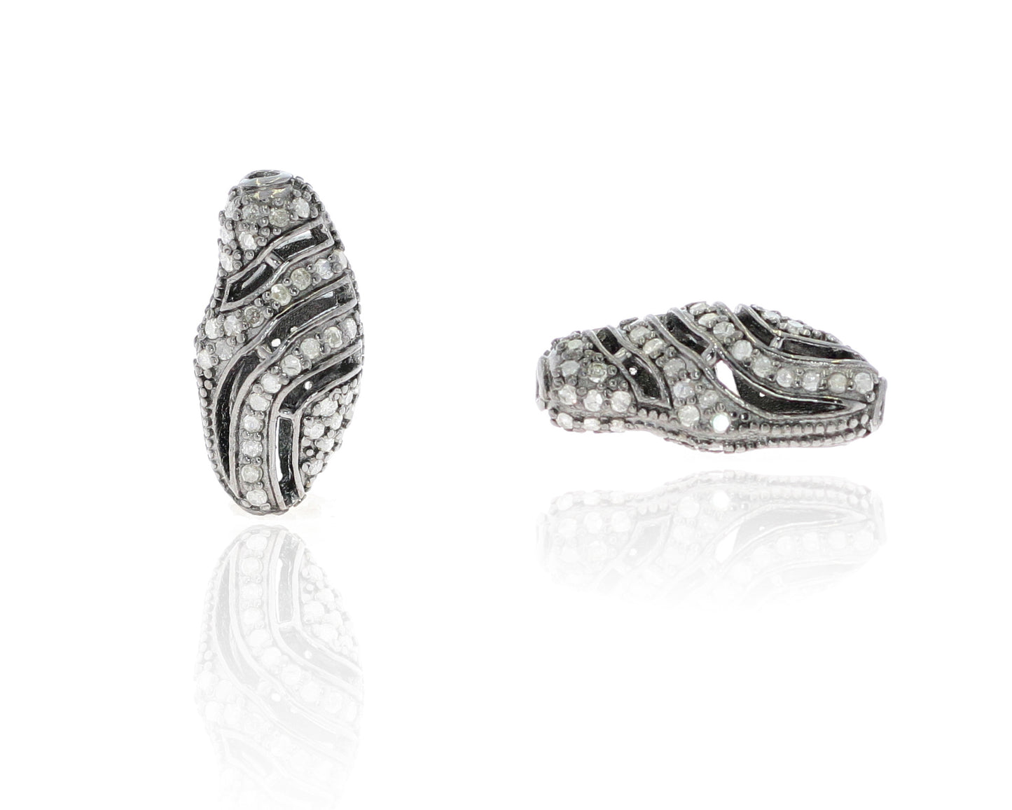 Long Nugget Shape Filigree Design Silver Pave Diamond Beads
