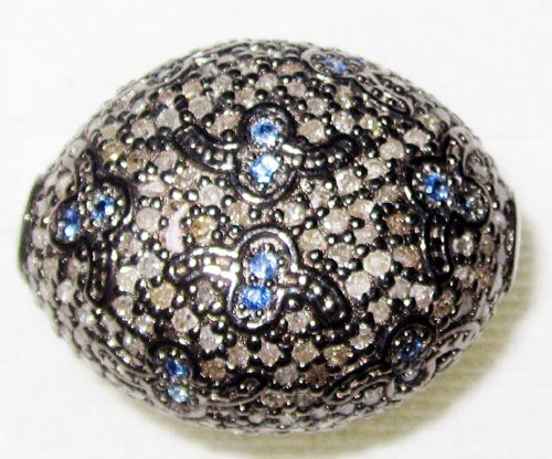 Oval Designer Silver Pave Diamond and Blue Sapphire Beads