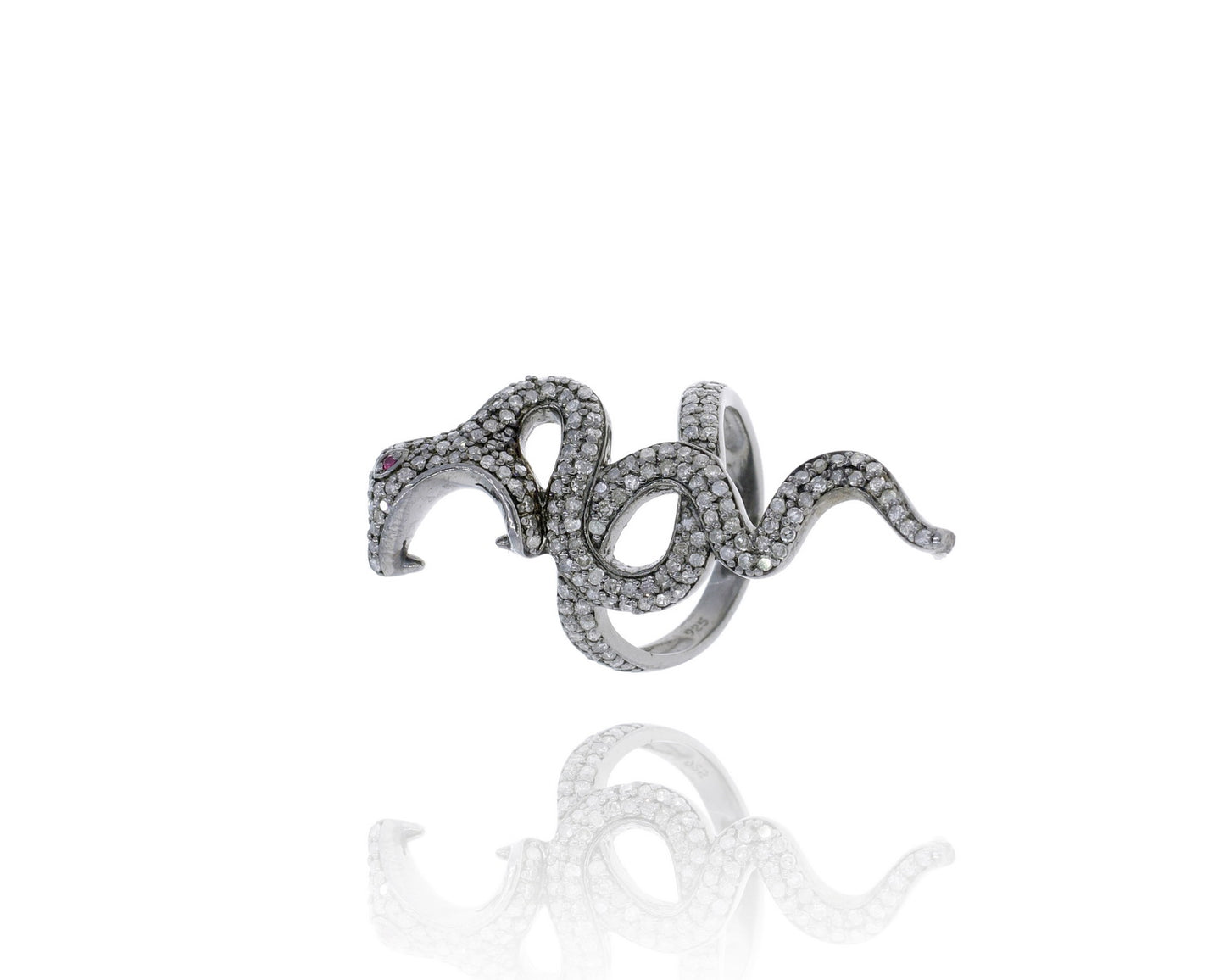Snake Diamond and Silver Ruby Stone Black Rhodium Finish Rings