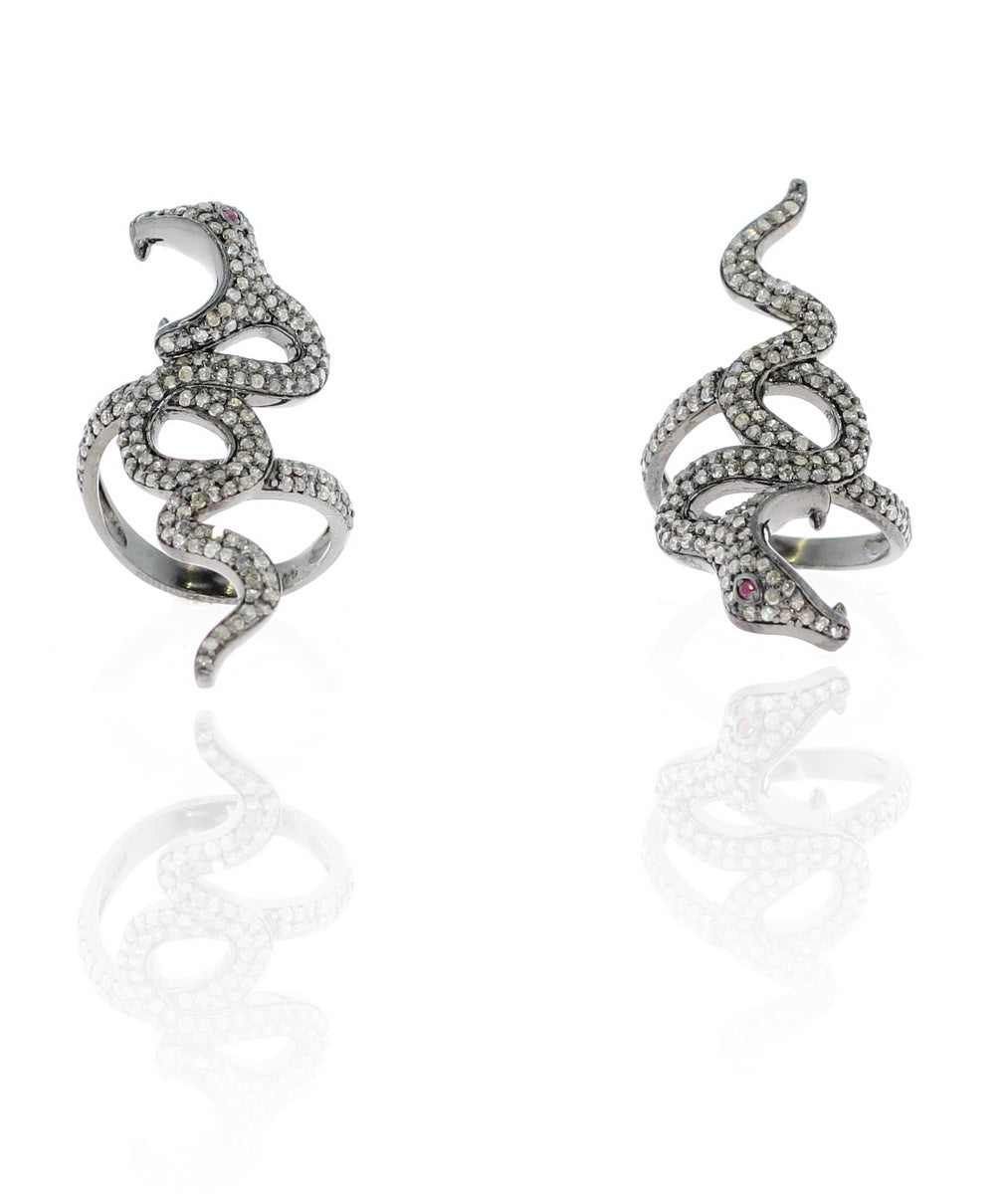 Snake Diamond and Silver Ruby Stone Black Rhodium Finish Rings