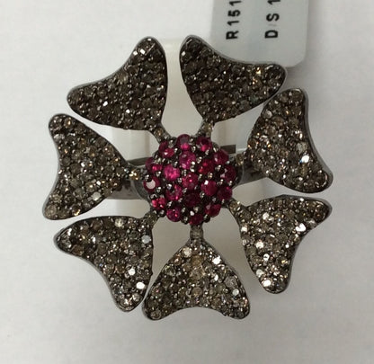 Flower Pave Diamond Ring With Ruby .925 Oxidized Sterling Silver Diamond Ring, Genuine handmade pave diamond Ring Size Approx 1.04"(26 MM)