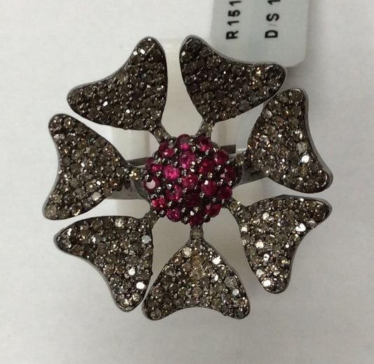 Flower Pave Diamond Ring With Ruby .925 Oxidized Sterling Silver Diamond Ring, Genuine handmade pave diamond Ring Size Approx 1.04"(26 MM)