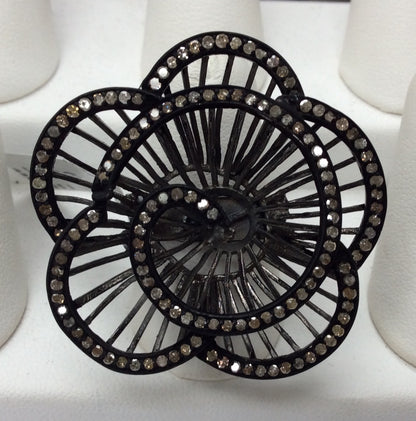 Flower Pave Diamond Ring .925 Oxidized Sterling Silver Diamond Ring, Genuine handmade pave diamond Ring Size Approx 1.52"(38 x 38 MM)