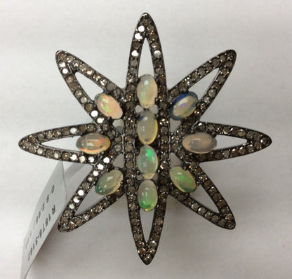 Ring Diamond with Opal .925 Oxidized Sterling Silver Diamond Ring, Genuine handmade pave diamond Ring Size Approx 1.52"(38 MM)