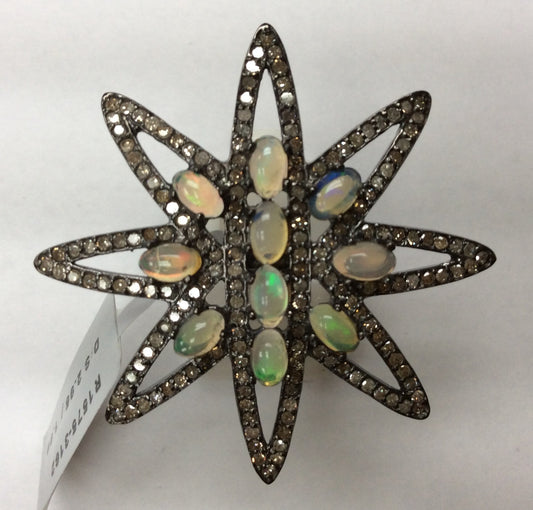 Ring Diamond with Opal .925 Oxidized Sterling Silver Diamond Ring, Genuine handmade pave diamond Ring Size Approx 1.52"(38 MM)