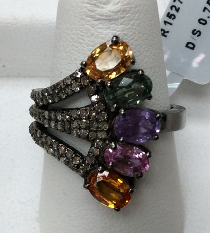 Diamond and Multi Sapphire Siver Black Rhodium Finish Rings