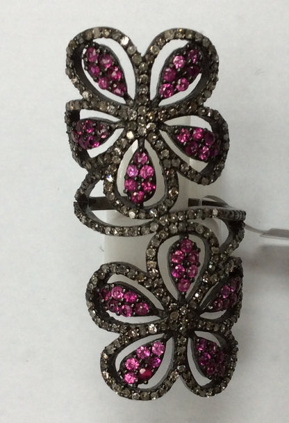 Double Flower Pave Diamond Ring .925 Oxidized Sterling Silver Diamond Ring, Genuine handmade pave diamond Ring Size Approx 1.76"(21 x 44 MM)