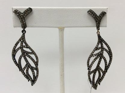 Feather Diamond Silver Earring .925 Oxidized Sterling Silver Diamond Earring, Genuine handmade pave diamond Earring Size 2.32"(18 x 58 MM )