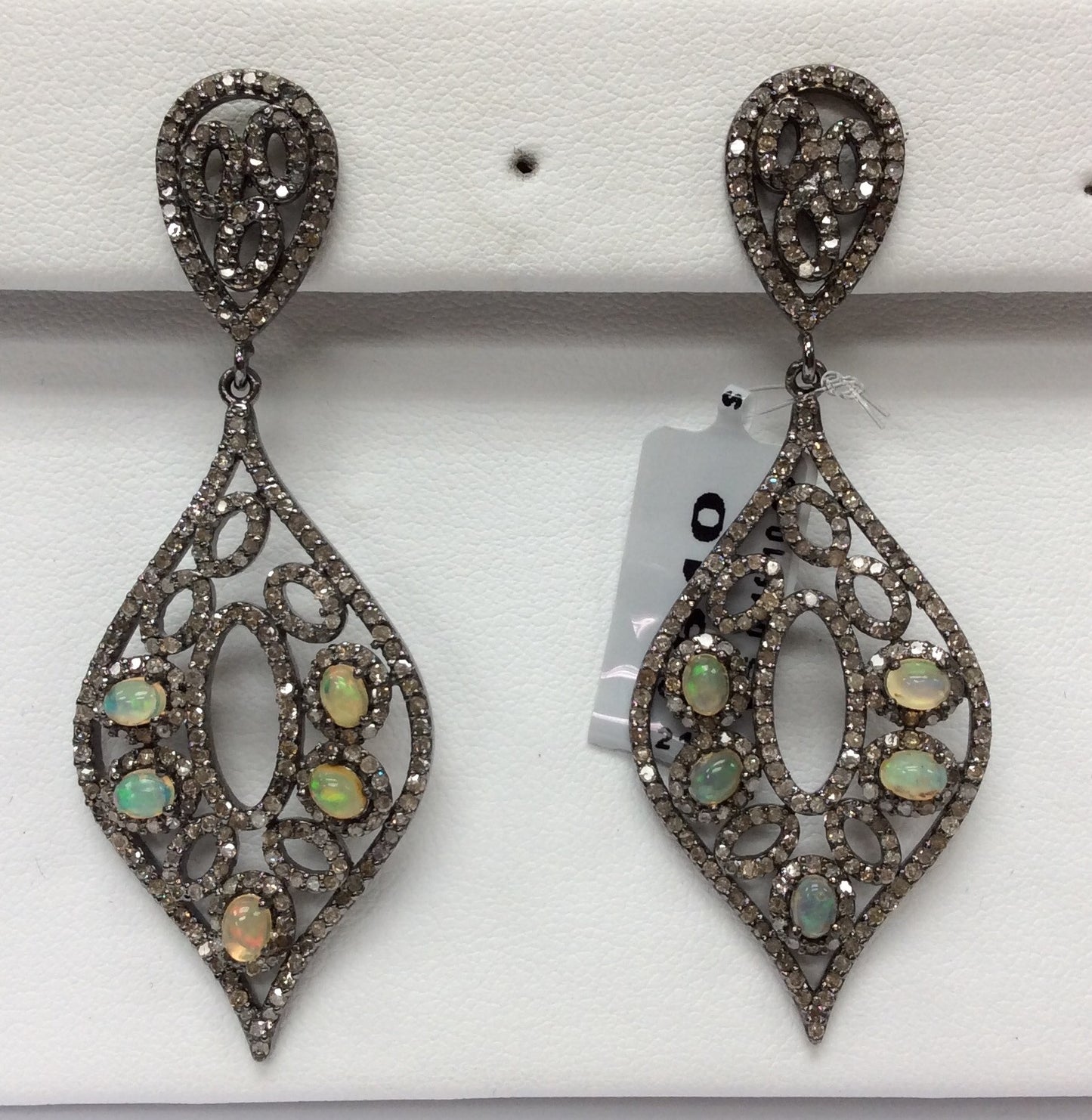 Opal Diamond Earring .925 Oxidized Sterling Silver Diamond Earring, Genuine handmade pave diamond Earring Size 2.48"(23 x 62 MM )