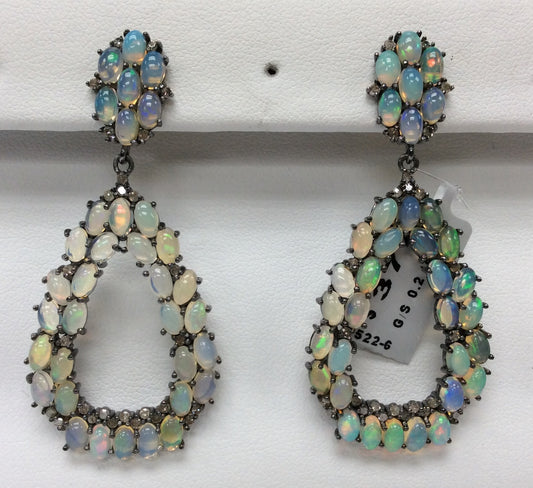 Opal Diamond Earring .925 Oxidized Sterling Silver Diamond Earring, Genuine handmade pave diamond Earring Size 2.24"(26 x 56 MM )