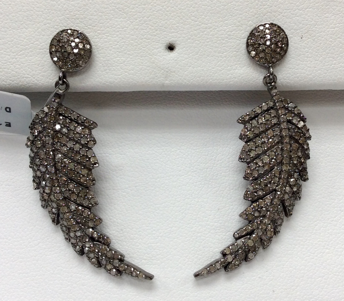 Feather Diamond Silver Earring .925 Oxidized Sterling Silver Diamond Earring, Genuine handmade pave diamond Earring Size 1.84"(22 x 46 MM )