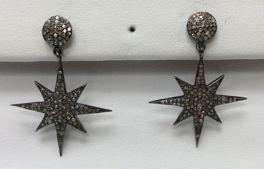 Star Diamond Earring .925 Oxidized Sterling Silver Diamond Earring, Genuine handmade pave diamond Earring Size 1.52"(27 x 38 MM )