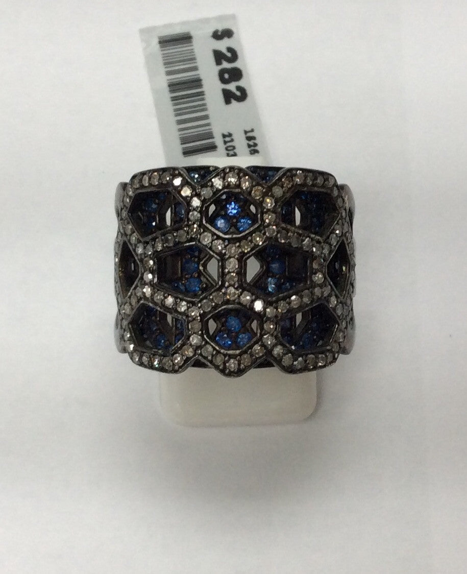 Diamond and Silver Sapphire Black Rhodium Finish Rings
