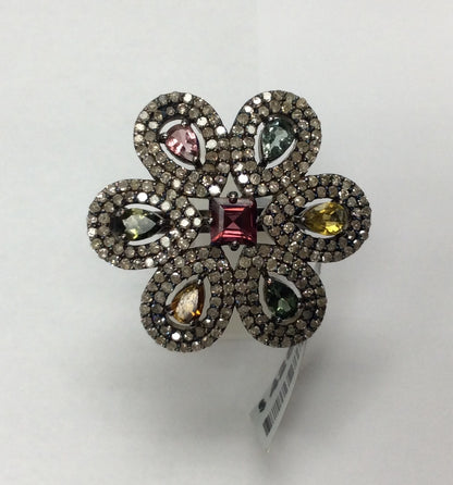 FLOWER DIAMOND AND MULTI TOURMALINE RINGS
