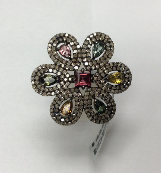 FLOWER DIAMOND AND MULTI TOURMALINE RINGS