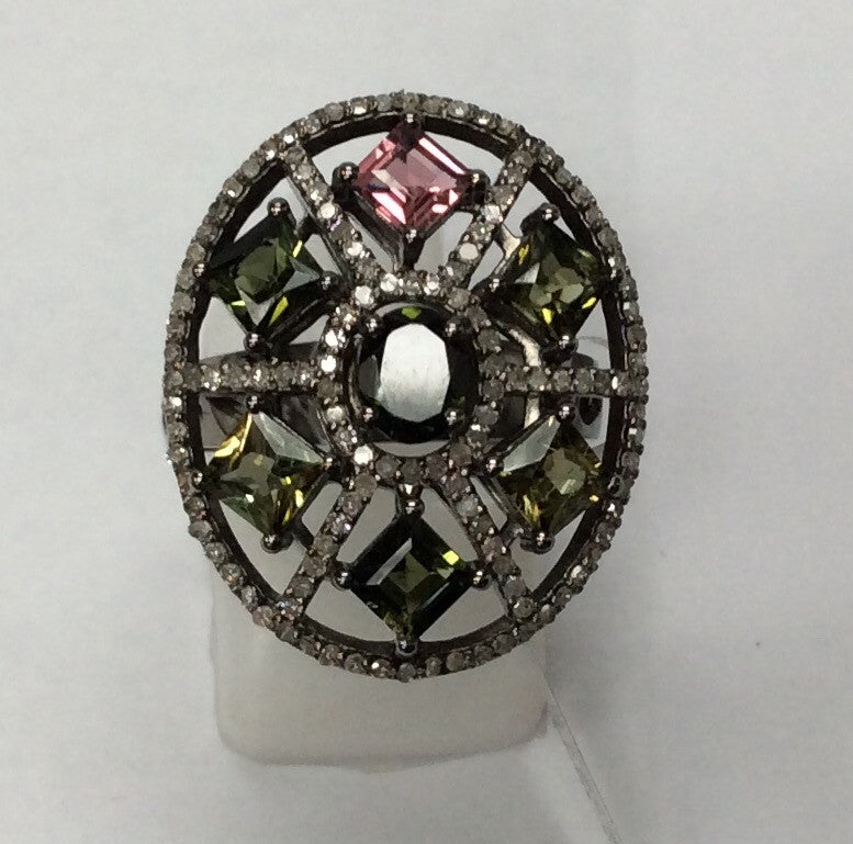 Diamond Oval Shape Tourmaline Diamond Ring, Pave Diamond Ring, Pave Oval Shape Tourmaline Ring, Approx 22 x 19mm