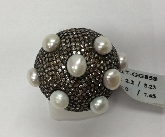 Diamond Dome Diamond Ring with Pearls, Pave Diamond Ring, Pave Dome Ring with Pearls, Approx 19 x 24mm. Sterling Silver