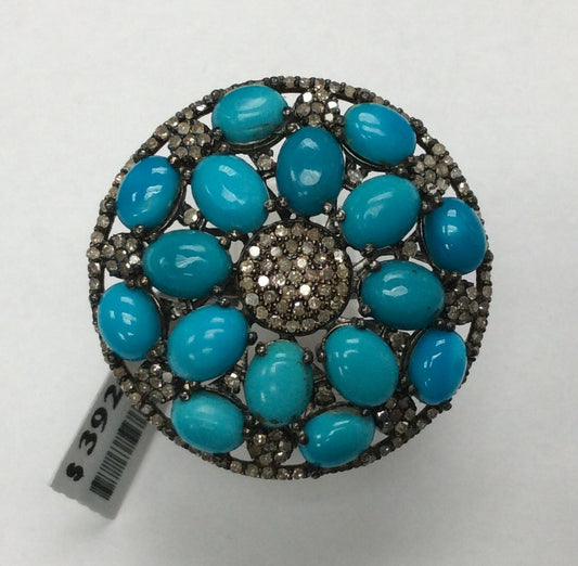 Round Shape Diamond And Natural Sleeping Beauty Turquoise Rings Pave Diamond Ring,Diamond Ring,Pave Ring, Statement Ring, Oxidized Silver
