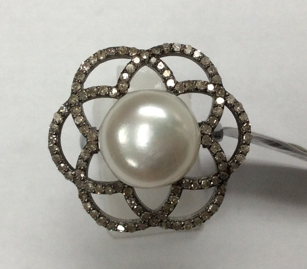 Diamond  Flower with Pearl Diamond Ring, Pave Diamond Ring, Pave Flower with Pearl Ring, Approx 24 x 24mm. Sterling Silver