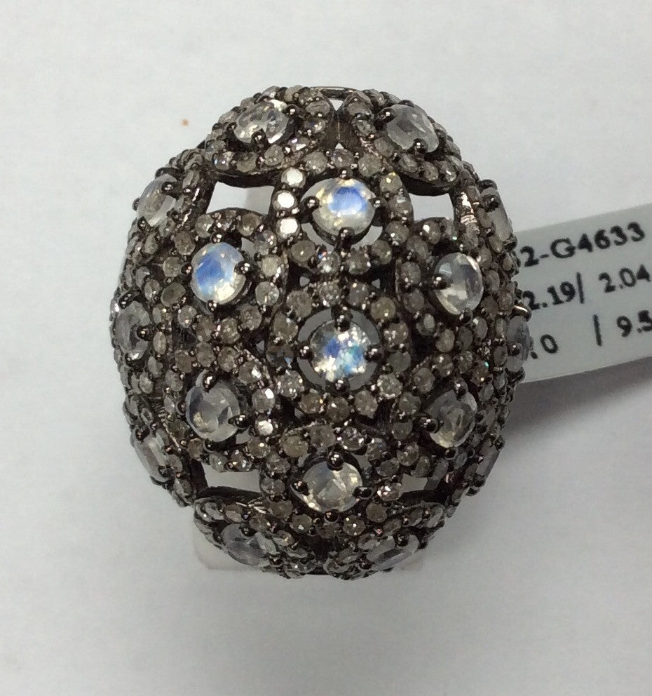 Diamond and Moonstone Silver Black Rhodium Finish Rings