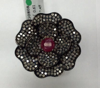Diamond and Silver Ruby Black Rhodium Finish Ring