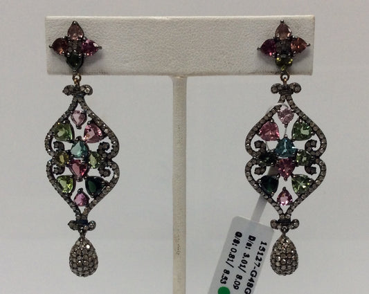 Diamond and Silver Multi Tourmaline Black Rhodium Finish Earring