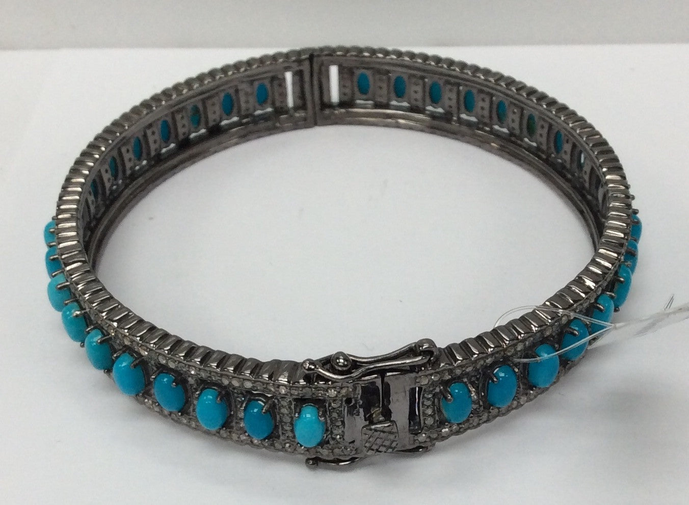 Diamond And Natural Sleeping Beauty Turquoise Bangle, Oxdized Silver,Approx 0.45''(11mm) wide