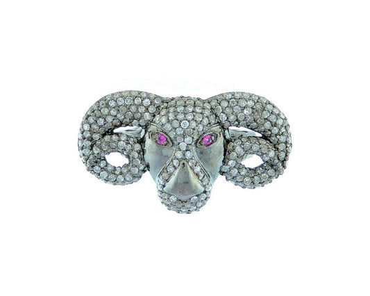 Bull Head with Ruby Eyes Diamond Ring
