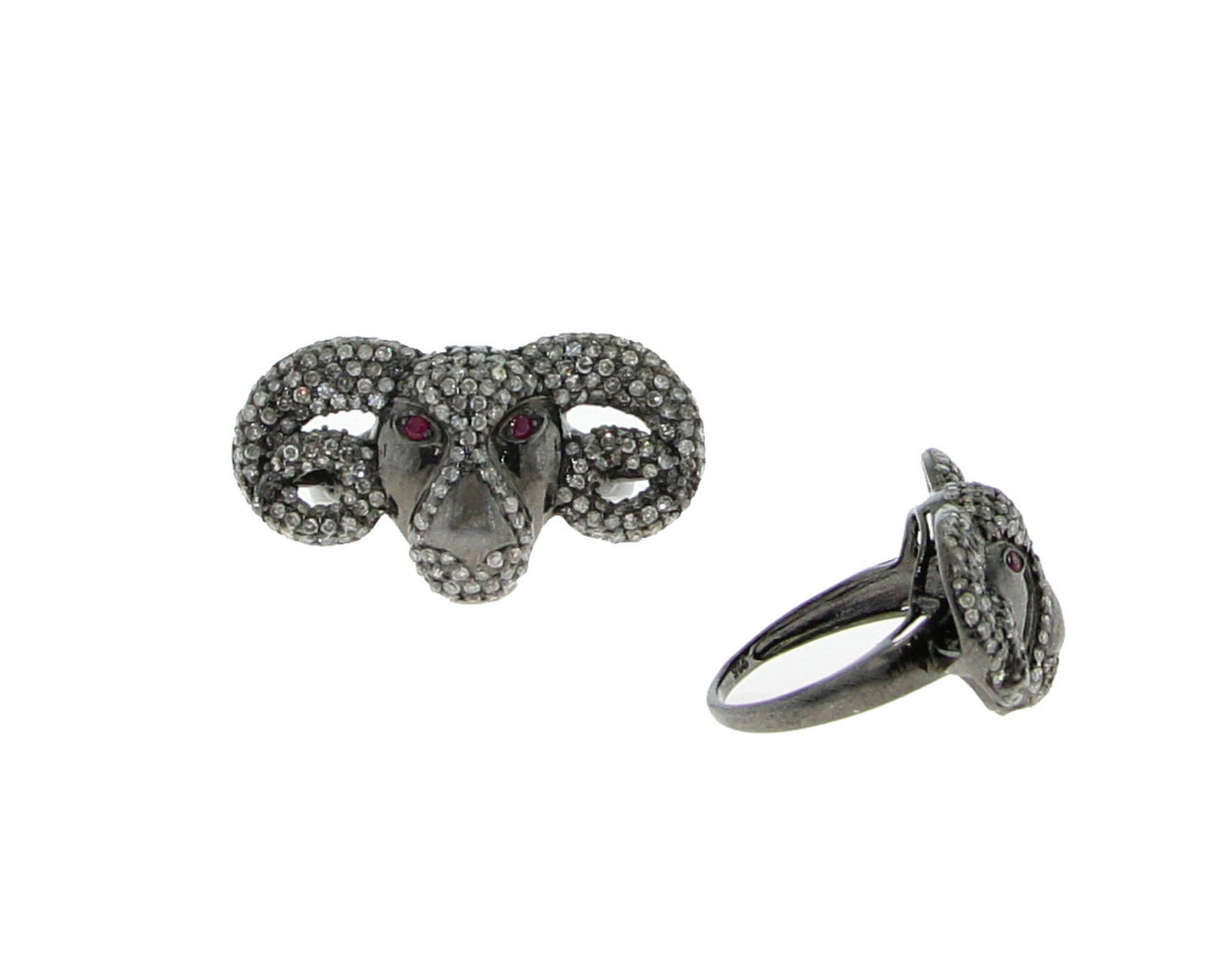 Bull Head with Ruby Eyes Diamond Ring