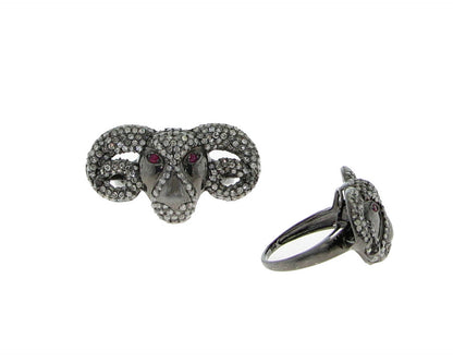 Bull Head with Ruby Eyes Diamond Ring