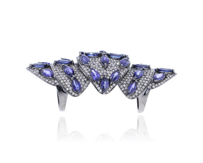 Diamond and Silver Multi Sapphire Stone Black Rhodium Finish Ring