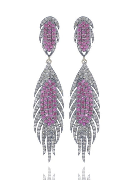 DESIGNER STERLING SILVER PARTY EARRING WITH DIAMONDS AND RUBY