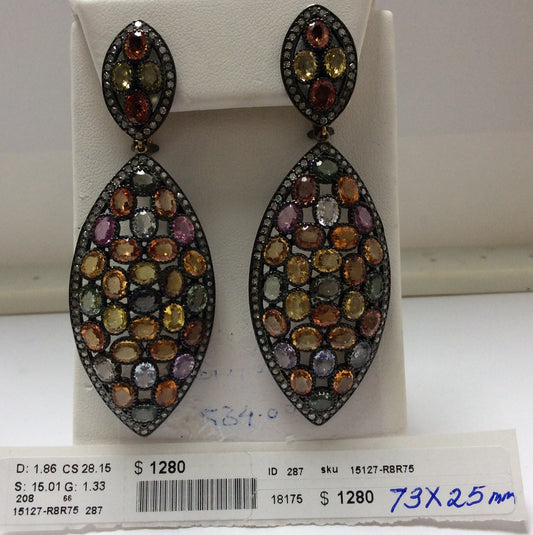 Diamond and Silver multi Sapphire Black Rhodium Finish Earring.