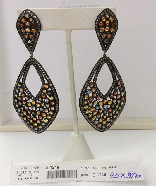 Diamond and Silver Multi Sapphire Black Rhodium Finish Earrings