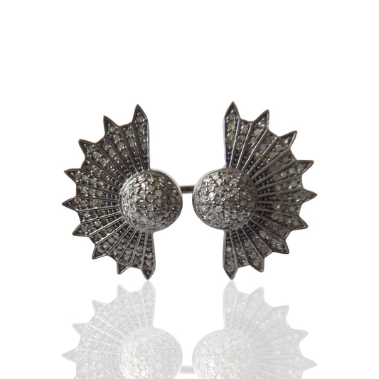 Diamond Flower with 2 Dome Diamond Ring, Pave Diamond Ring, Pave Flower with 2 Dome Ring, Approx 26 x 36mm. Sterling Silver