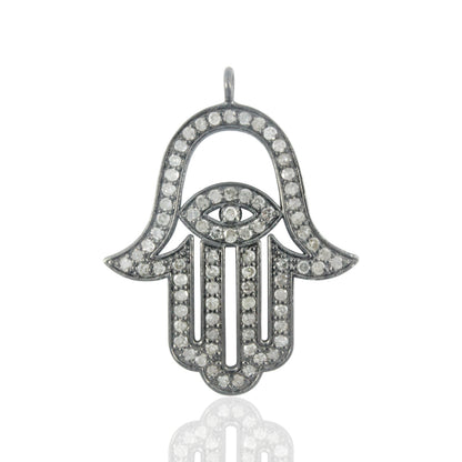 Diamond  Hamsa Hand with Blue Sapphire Pendant, Pave Diamond Pendant,  Hamsa Hand Necklace, Approx 27 x 22mm. Sterling Silver