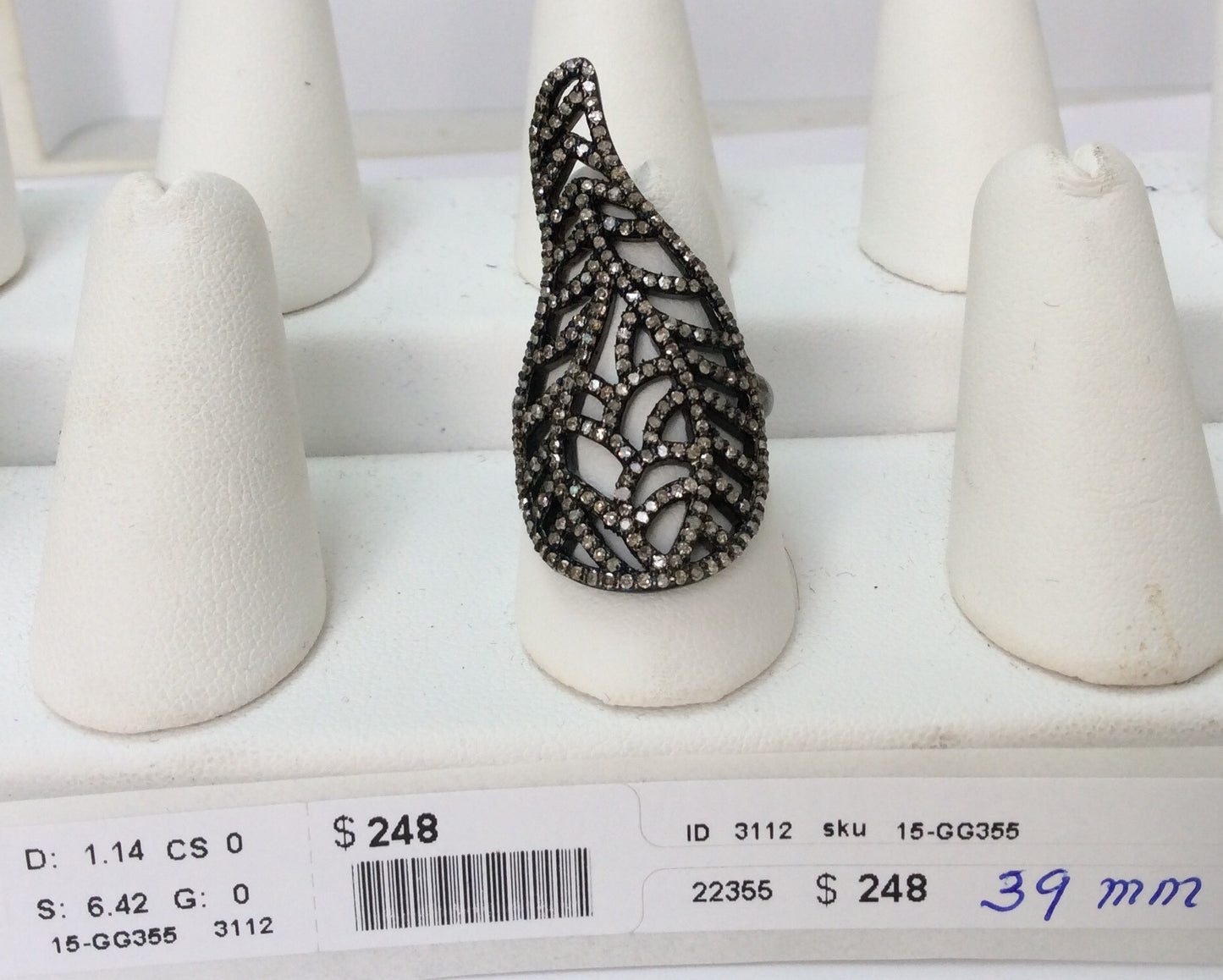 Diamond Full Leaf Shape Diamond Ring, Pave Diamond Ring, Pave Full Leaf Ring, Approx 38 x 17mm. Sterling Silver