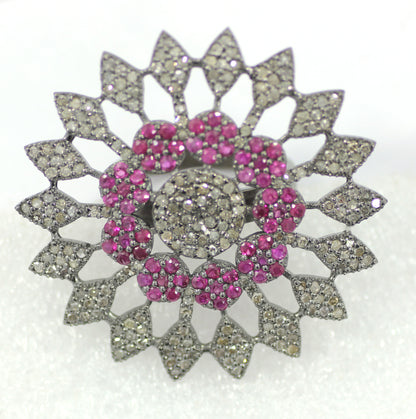 Pave Diamond Ring With Ruby .925 Oxidized Sterling Silver Diamond Ring, Genuine handmade pave diamond Ring Size Approx 1.52"(38 MM)