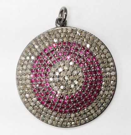 Round Disc Diamond & Gemstones Pendants,27 mm Genuine handmade pave diamond pendants,.925 Oxidized Sterling Silver Diamond Pendant