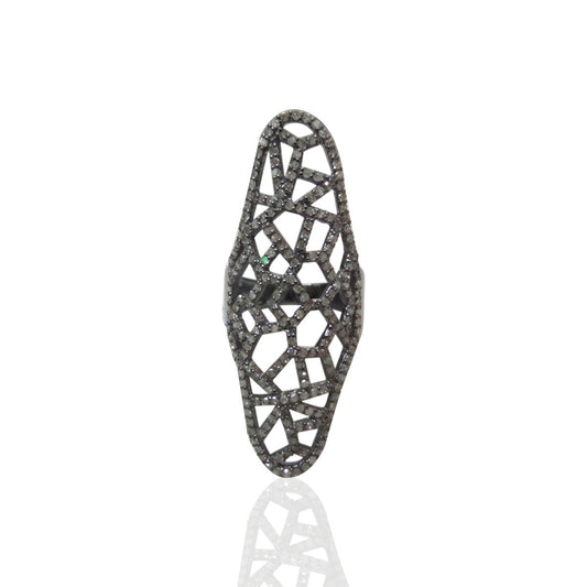 Pave Diamond Ring .925 Oxidized Sterling Silver Diamond Ring, Genuine handmade pave diamond Ring Size Approx 1.52"(20 x 38 mm)