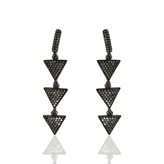 Triangle Shape Diamond Earrings .925 Oxidized Sterling Silver Diamond Earring, Genuine handmade pave diamond Earring Size 2.40"(12 x 60 MM )