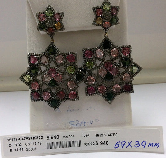 Diamond and Multi Tourmaline Silver Earrings