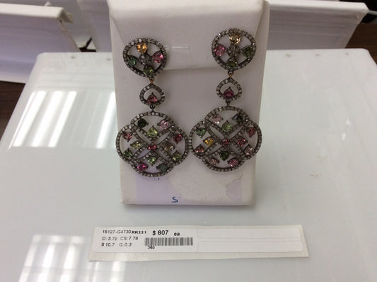 Diamond and Multi Tourmaline Silver Earrings