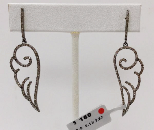Wings Diamond Earrings .925 Oxidized Sterling Silver Diamond Earring, Genuine handmade pave diamond Earring Size 2.08"(16 x 52 MM )