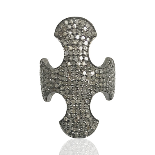 Cross Pave Diamond Ring .925 Oxidized Sterling Silver Diamond Ring, Genuine handmade pave diamond Ring Size Approx 1.20"(20 x 30 MM)