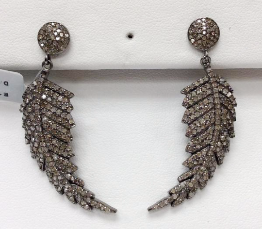 Feather Diamond Silver Earring .925 Oxidized Sterling Silver Diamond Earring, Genuine handmade pave diamond Earring Size 1.84"(22 x 46 MM )