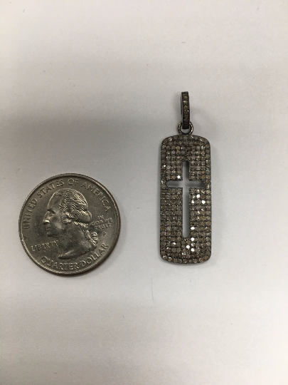 Pave Diamond Pendant, Pave Square Cross Cut out Pendant, Approx 1.2''(12x30 mm) Pave Cross Charm, Oxidized Silver