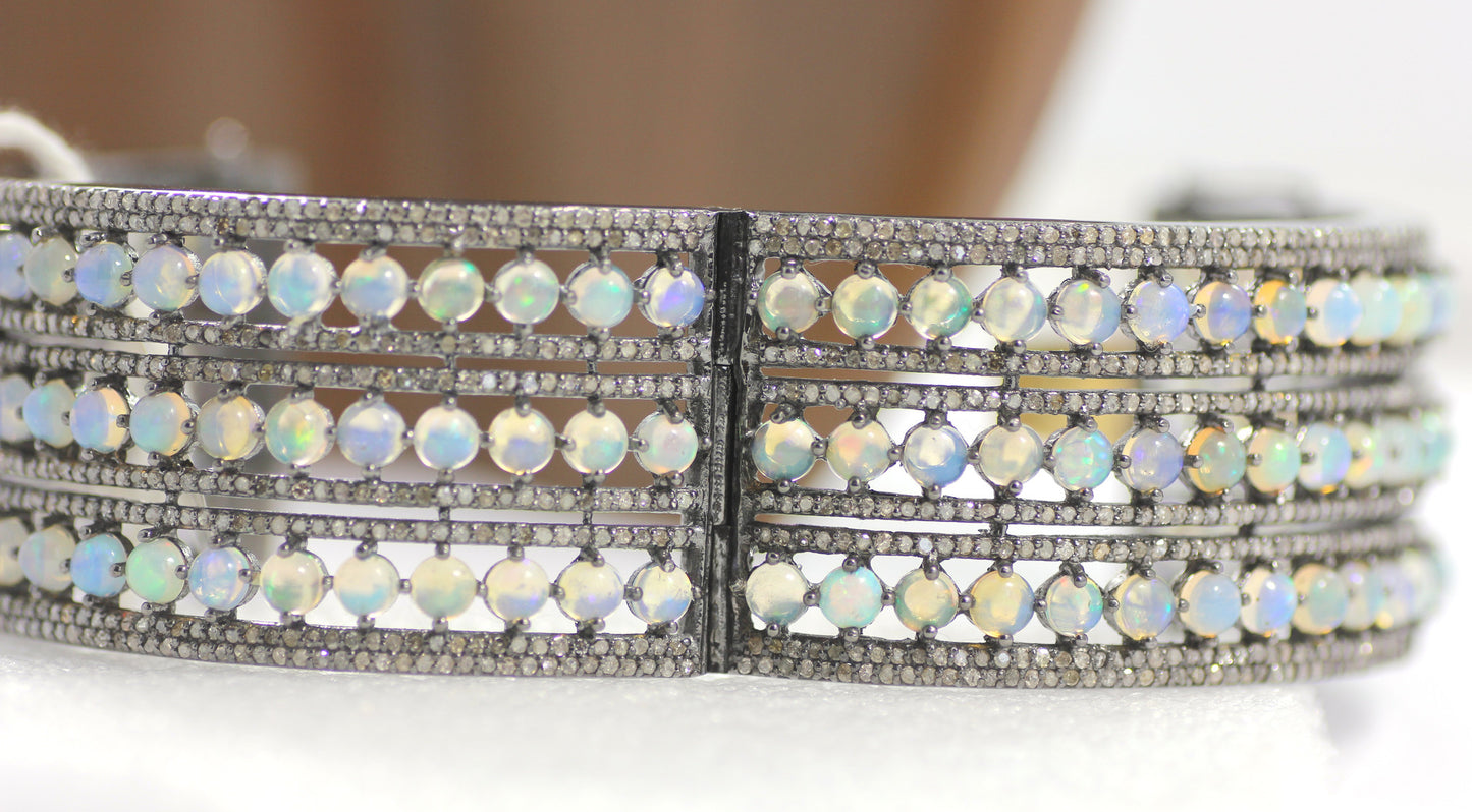 Opal & Diamond Silver Bangle .925 Oxidized Sterling Silver Diamond Bangle, Genuine handmade pave diamond Bangle Size (30 MM )
