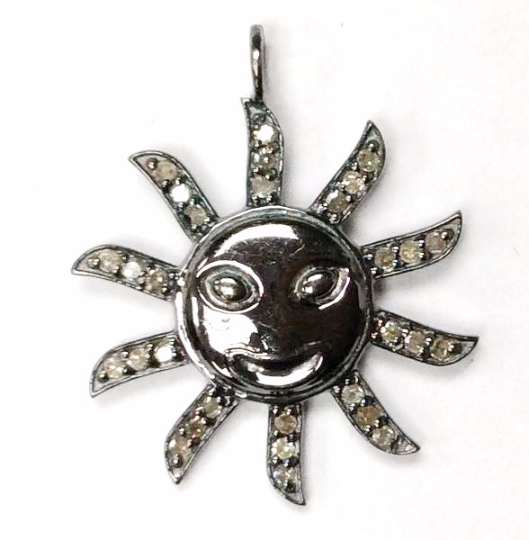 Sun Burst Diamond Charm .925 Oxidized Sterling Silver Diamond Charm, Genuine handmade pave diamond Charm Size Approx 0.88"(22 MM)