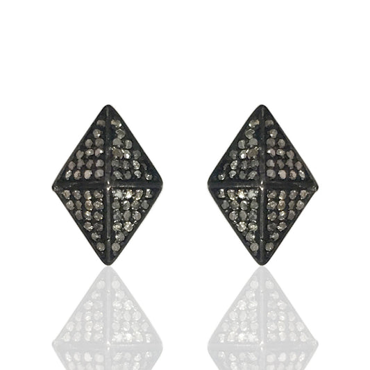 Rhombus Diamond Studs Earring .925 Oxidized Sterling Silver Diamond Earring, Genuine handmade pave diamond Earring Size 0.60"(10 x 15 MM )